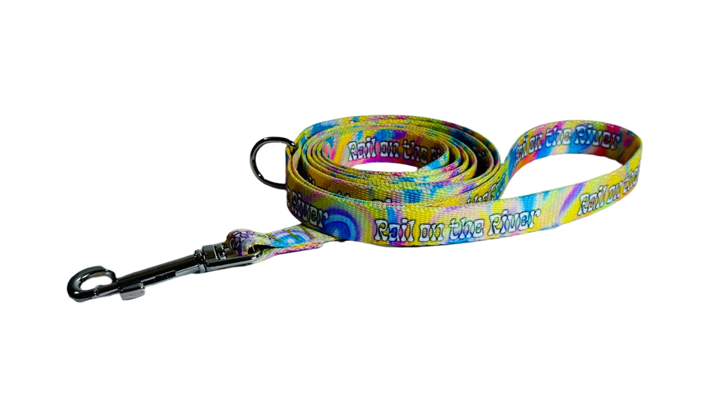 Colorful dog leash with text on a white background